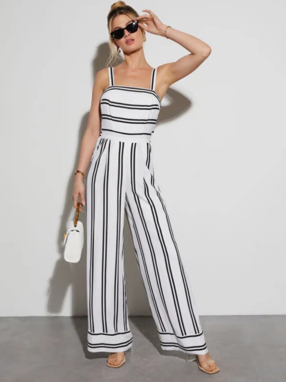 MIDNIGHT SKY Striped White & Black Wide-Leg Jumpsuit